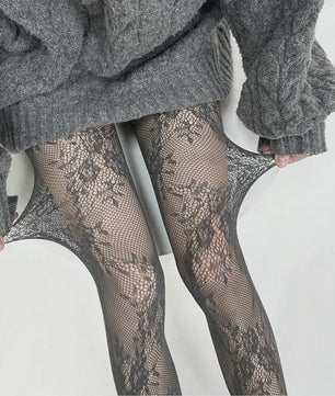 Luxe Kant & Mesh Pantyhose met Bloemendessin - Sexy & Modieus