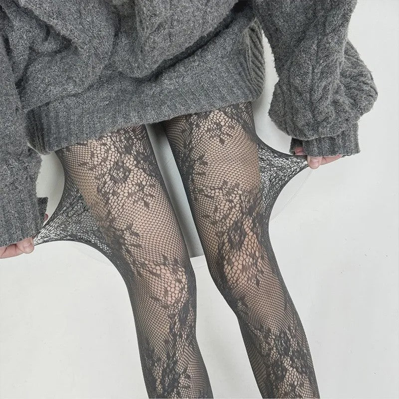 Luxe Kant & Mesh Pantyhose met Bloemendessin - Sexy & Modieus