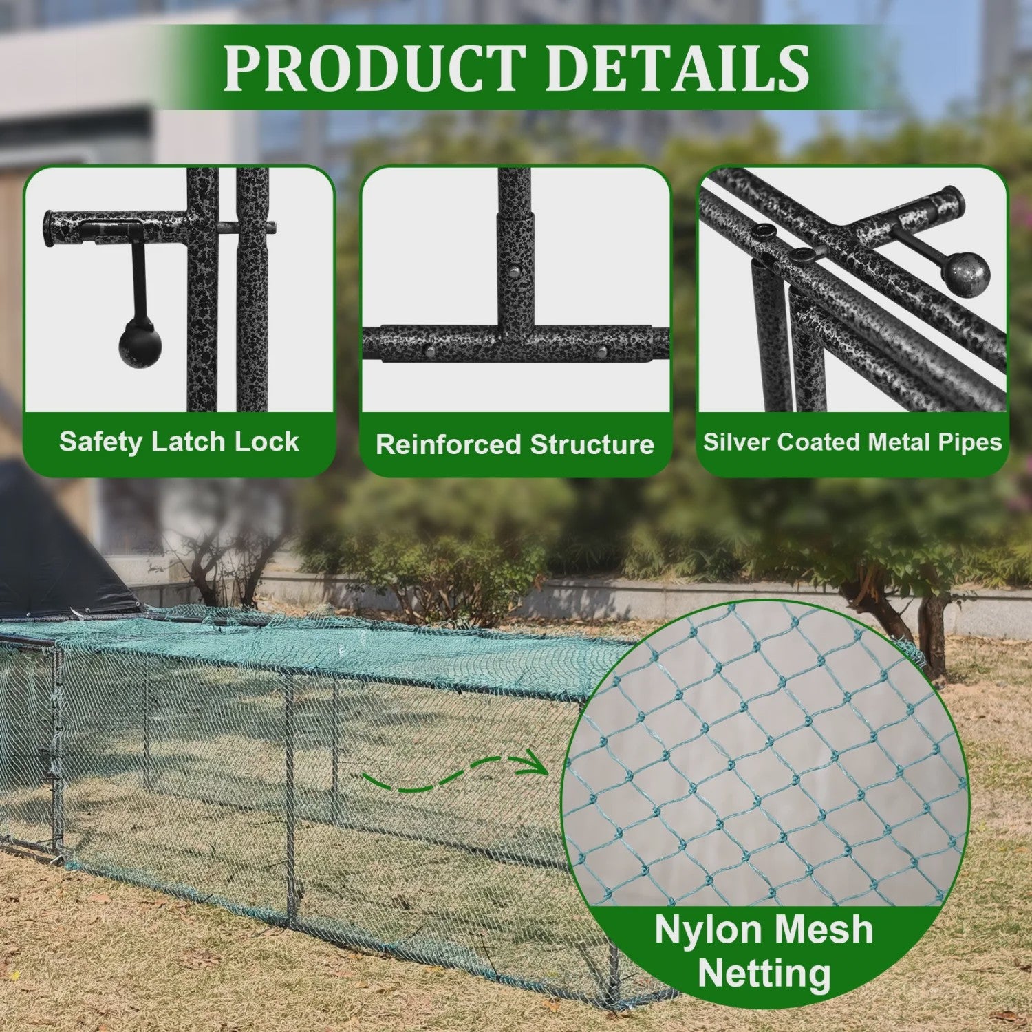 Ruime Metalen Kippenren 319cm - Walk-in Kippenhok met Dak en Nylon Netting