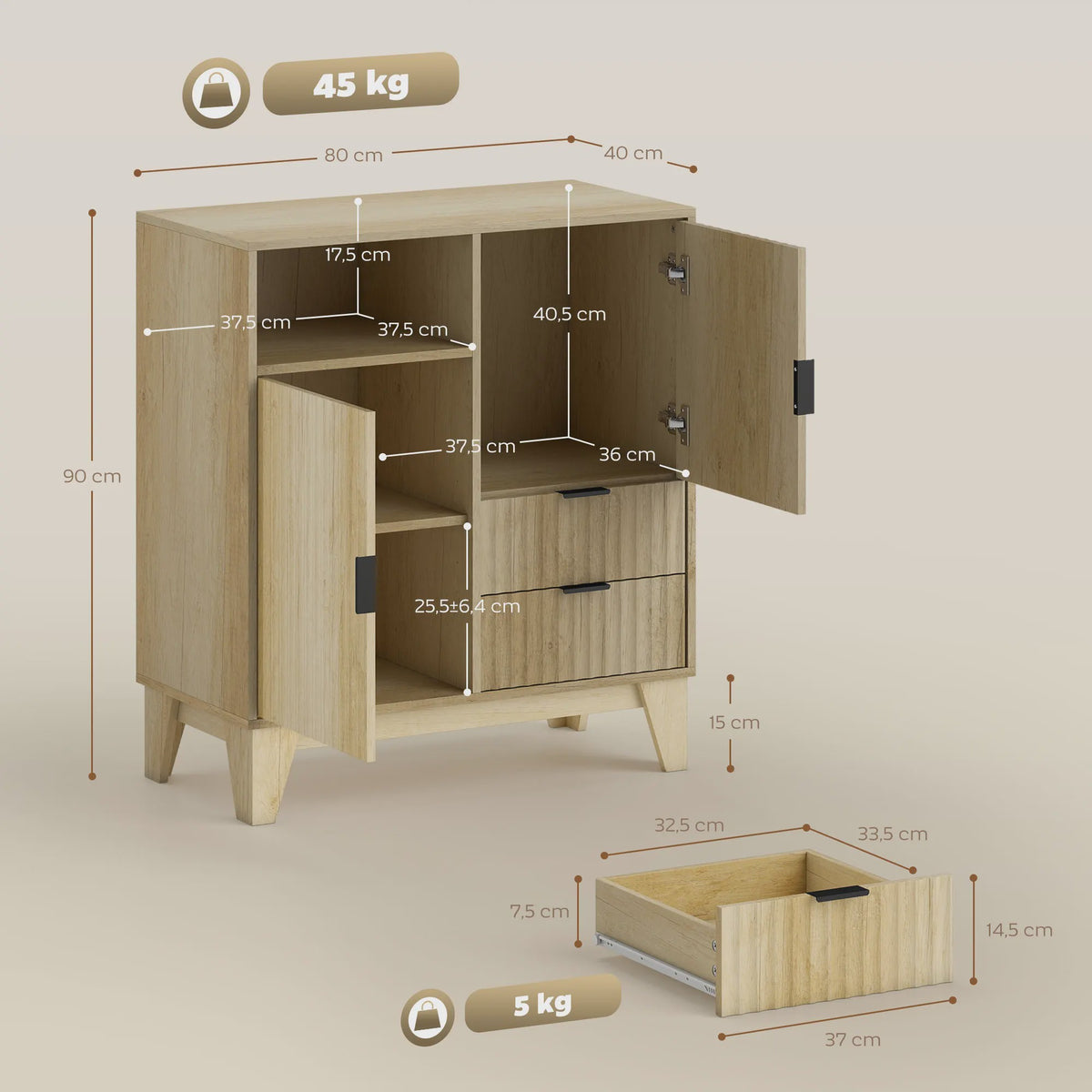 Moderne Buffetkast met 2 Deuren, 2 Lades en Verstelbare Plank - Zachte Sluiting