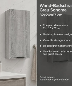 Sonoma Wandkast Grijs met Spiegeldeur - 32x20x67 cm