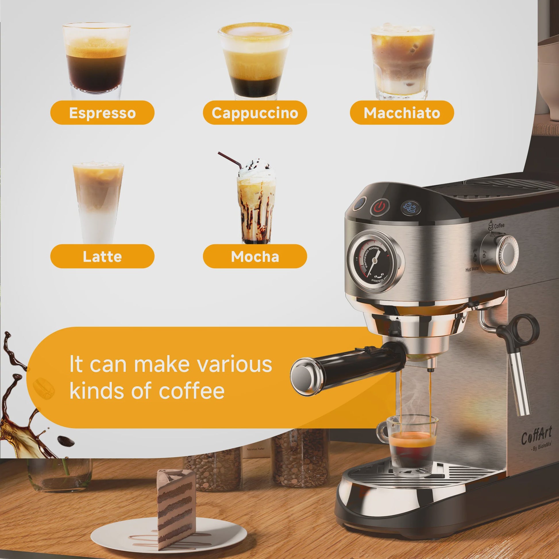 BioloMix Espressomachine 20 Bar RVS met Stoompijpje - Semi-Automatisch