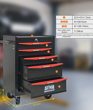 Mobiele Gereedschapswagen met 5 Lades - Zwart/Rood