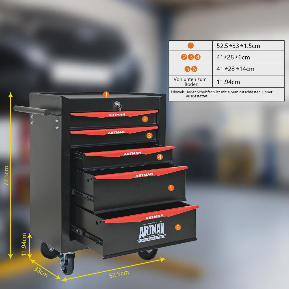 Mobiele Gereedschapswagen met 5 Lades - Zwart/Rood