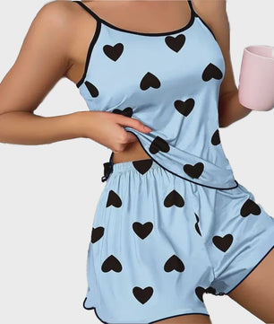 Dames Pyjama Set Hartjesprint - Comfortabele Ice Silk Loungewear