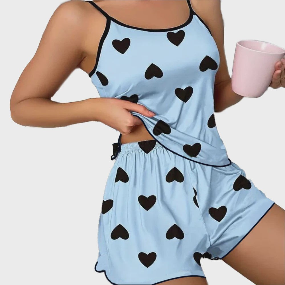 Dames Pyjama Set Hartjesprint - Comfortabele Ice Silk Loungewear
