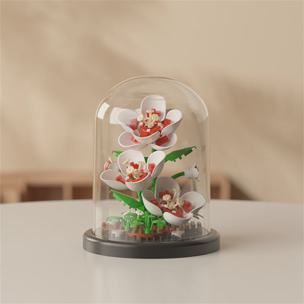 Bloemen Boeket Bonsai Bouwstenen Set - Decoratieve Miniatuur Plant in Glazen Koepel
