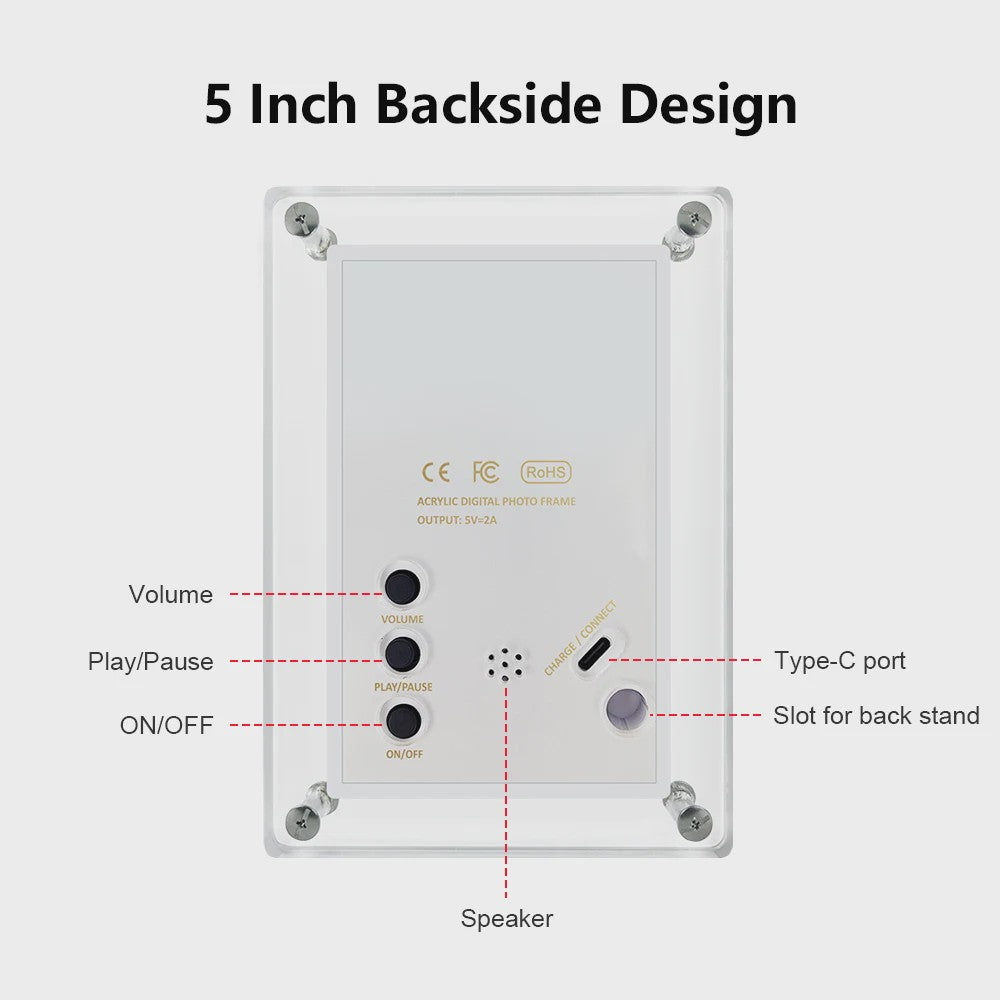 Digitale Fotolijst 5 & 7 Inch - Acryl, IPS Scherm, 4GB Geheugen, Oplaadbaar