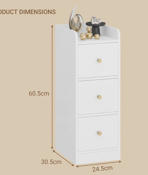 Smal Nachtkastje Wit met 3 Lades & Open Vak - 30x24x60 cm