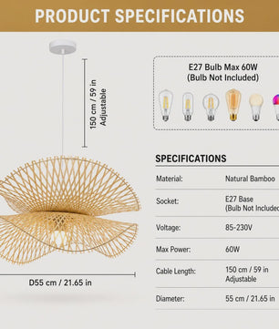 Japanse Bamboe Hanglamp 55cm - Handgeweven Rotan Plafondlamp voor Sfeervolle Woonkamer & Keuken