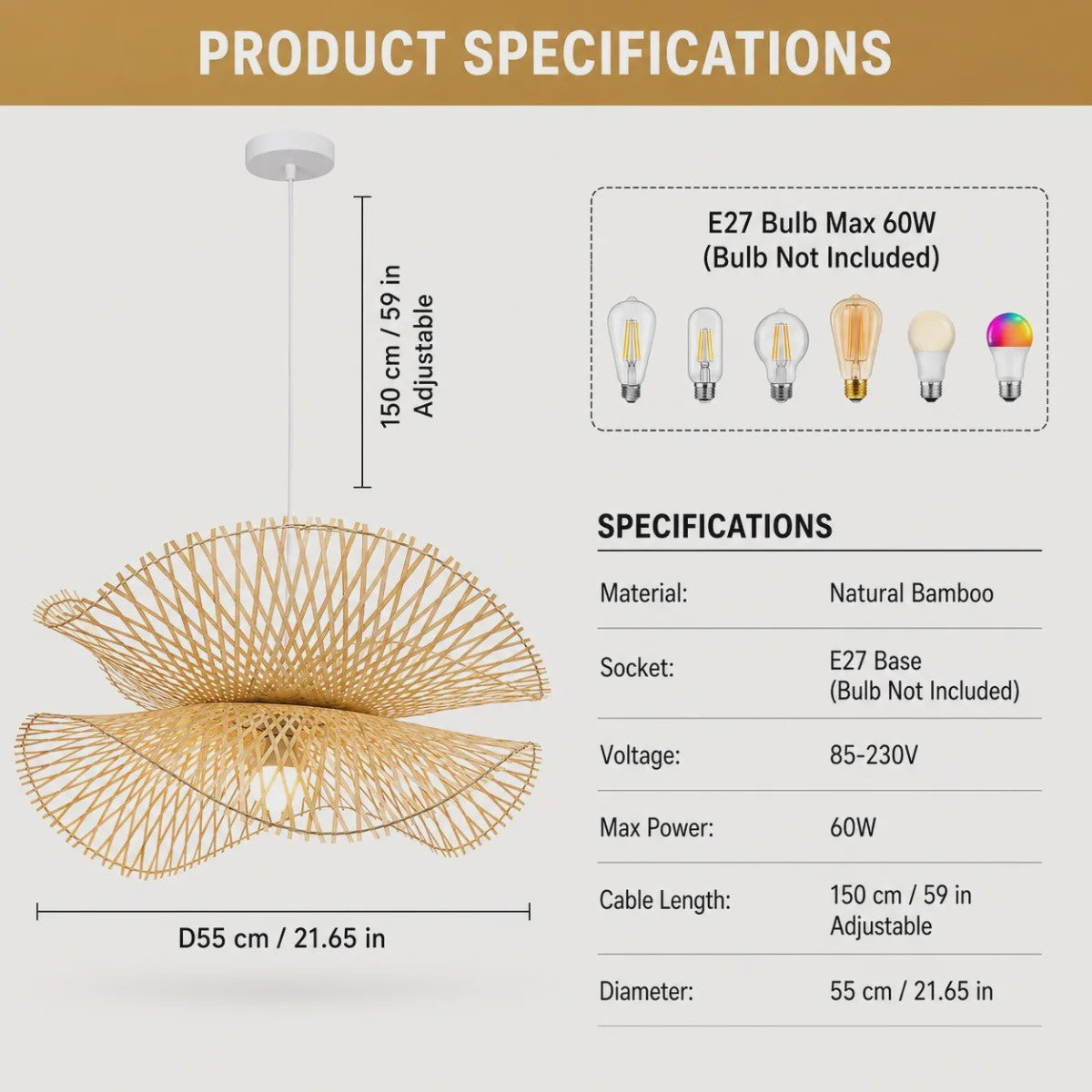 Japanse Bamboe Hanglamp 55cm - Handgeweven Rotan Plafondlamp voor Sfeervolle Woonkamer & Keuken