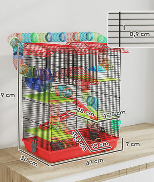 Grote Hamsterkooi met Tunnel, Loopwiel en Voerbak - 47x30x59 cm Rood