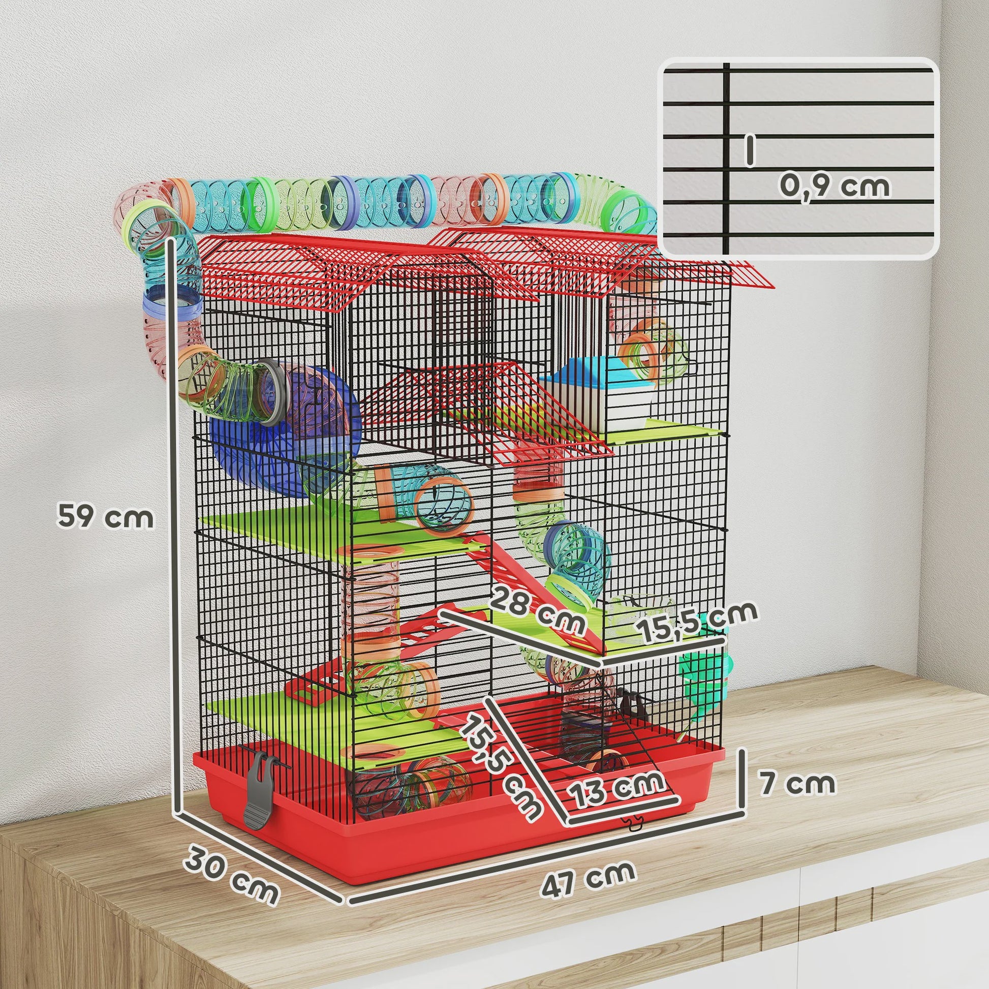 Grote Hamsterkooi met Tunnel, Loopwiel en Voerbak - 47x30x59 cm Rood