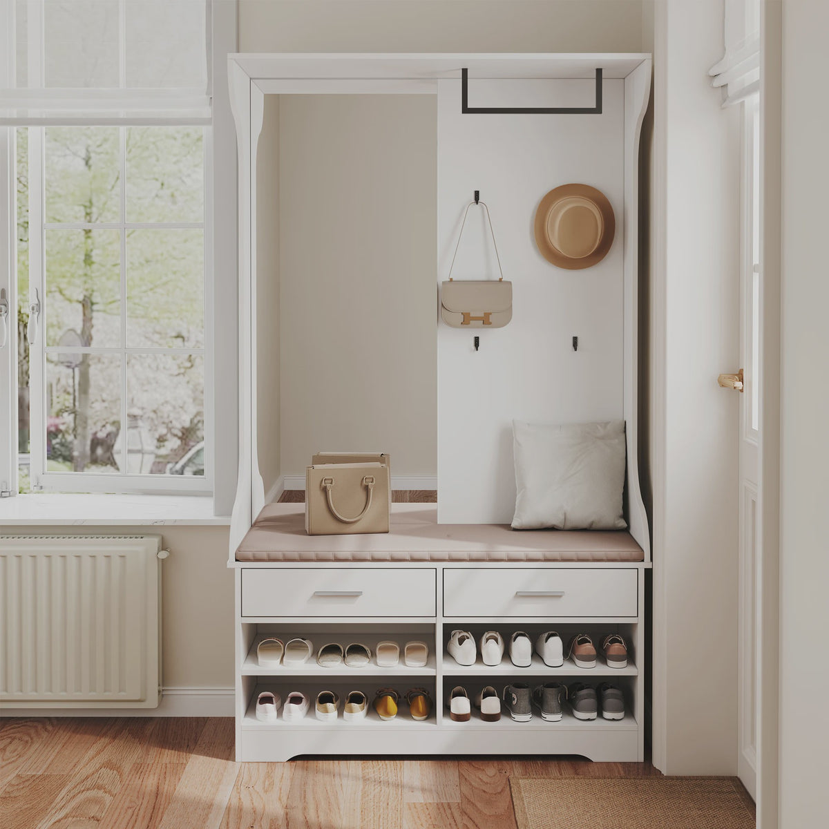Witte Kapstok met Spiegel, Schoenenkast, Lades en Open Vakken - Multifunctioneel Entree Meubel