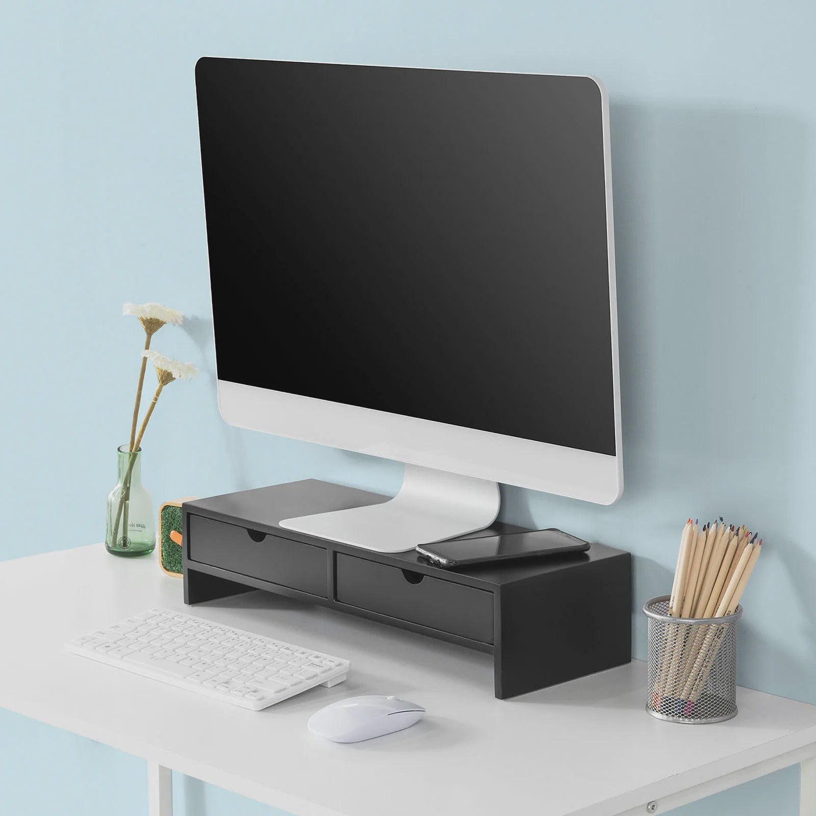 Monitorstandaard met 2 Lades - Bureau Organizer - Verhoogt uw Scherm - 47x11x18cm