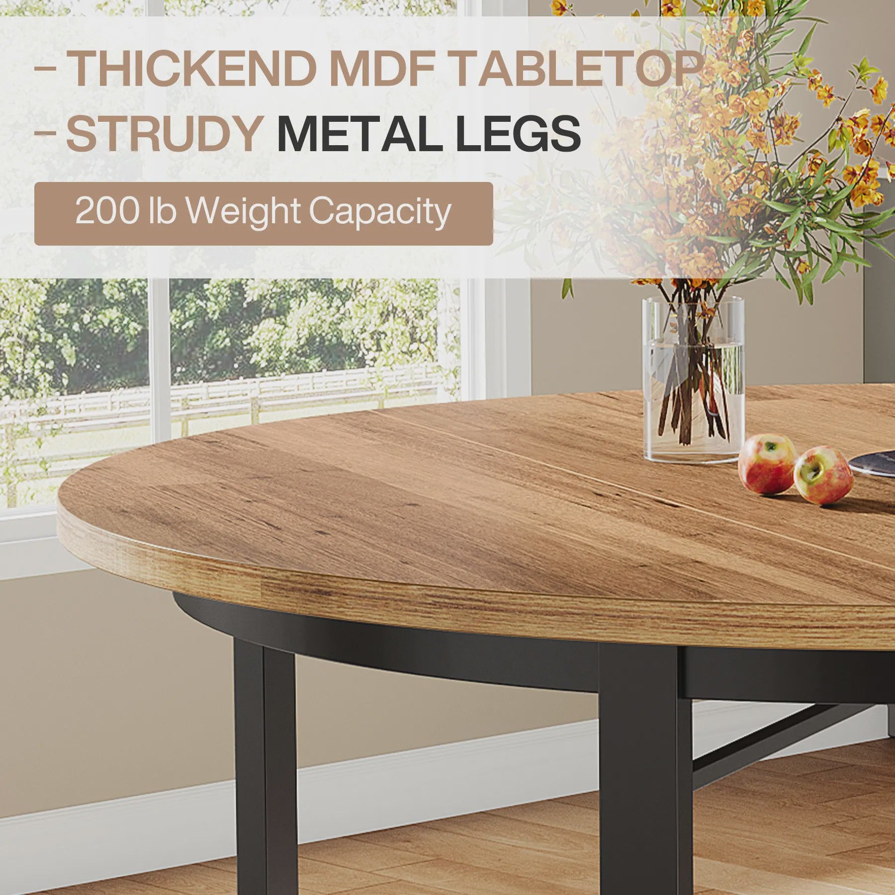 Ronde Eettafel 118cm - Rustiek Bruin & Zwart - Farmhouse Keukentafel met Metalen Poten