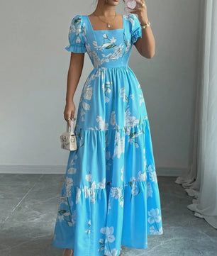 Elegante Dames Maxjurk met Bloemenprint en Vierkante Hals - Perfect voor Zomerfeesten en Bruiloften