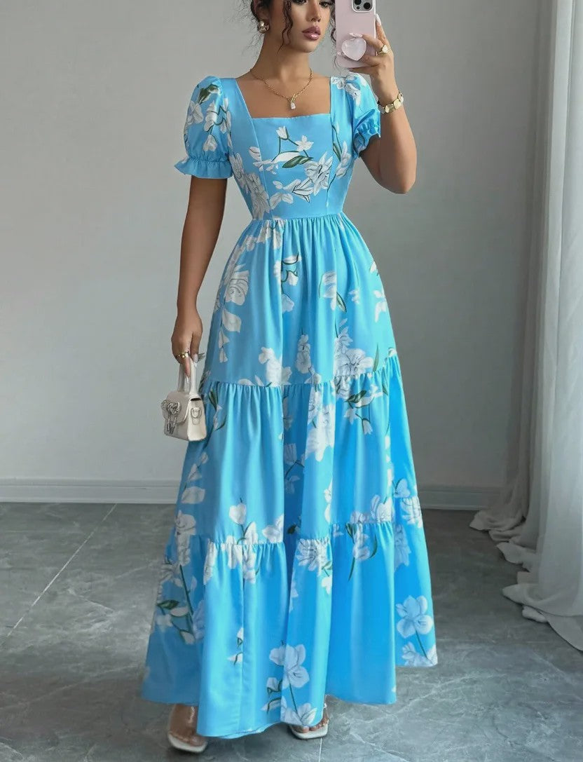 Elegante Dames Maxjurk met Bloemenprint en Vierkante Hals - Perfect voor Zomerfeesten en Bruiloften
