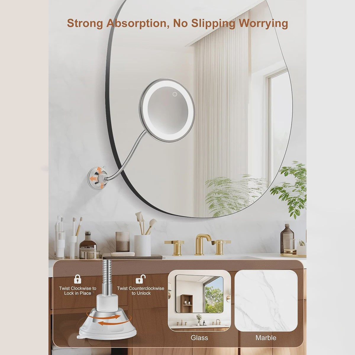Vergrootglas Make-up Spiegel met LED Licht, Flexibele Hals & Zuignap - 10x Vergroting