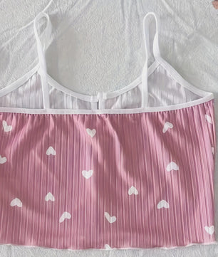 Dames Pyjama Set Hartjes Print - Cropped Cami Top met Strik & Elastische Shorts