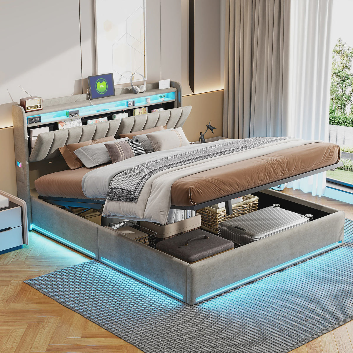 Luxe Boxspringbed met LED-verlichting, USB-poorten en Opbergruimte - Velvet Stof