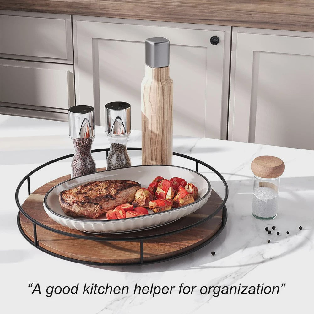 Draaibare Acacia Houten Serveerschaal met Metalen Rand - Keuken Organizer