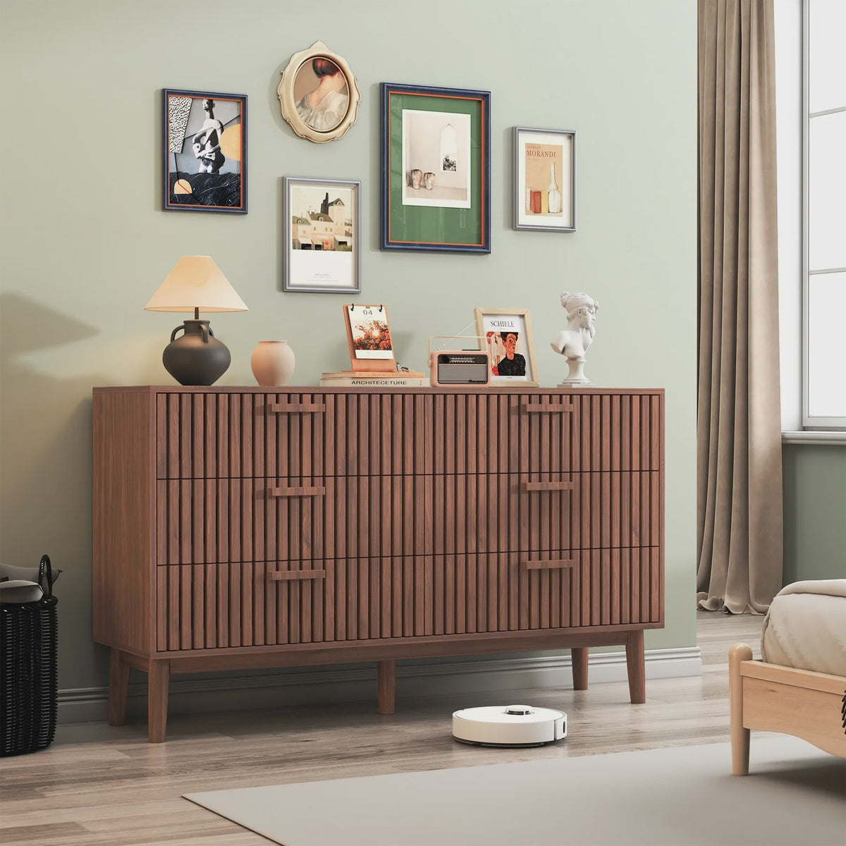 Ladekast met Rotan Front - Massief Hout - Mid-Century Modern Design