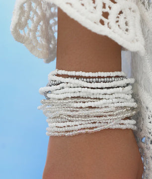 Set van 7 Elastische Rijstkorrel Armbanden - Handgeweven Kleurverloop & Dopamine Stijl