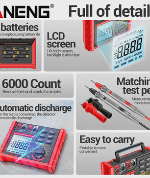ANENG MH15 Digitale Isolatiemeter - 6000 Counts Weerstandsmeter met 100V/250V/500V/1000V Testspanning