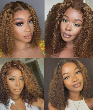 Ombre Bob Pruik van Menselijk Haar - Krullend, Honey Blonde Highlights, Glueless 5x5 HD Lace Wig, 16 Inch