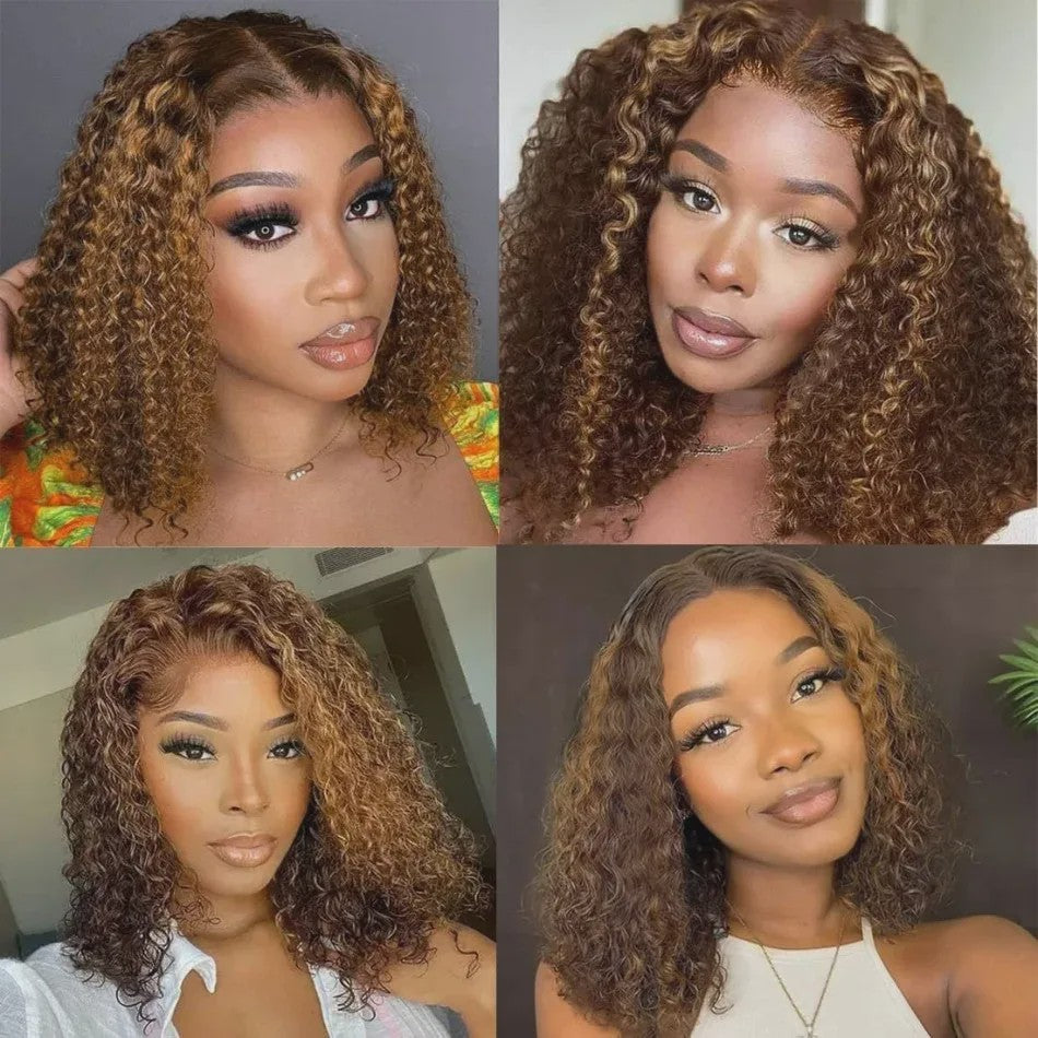 Ombre Bob Pruik van Menselijk Haar - Krullend, Honey Blonde Highlights, Glueless 5x5 HD Lace Wig, 16 Inch
