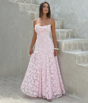 Elegante Jacquard Maxi Jurk met Blote Rug en Vierkante Hals - Feestelijk & Chic