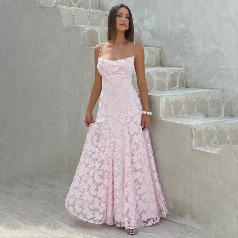Elegante Jacquard Maxi Jurk met Blote Rug en Vierkante Hals - Feestelijk & Chic