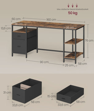 VASAGLE Bureau met 3 Planken en 2 Lades - 160x60x76 cm - Industrieel Design