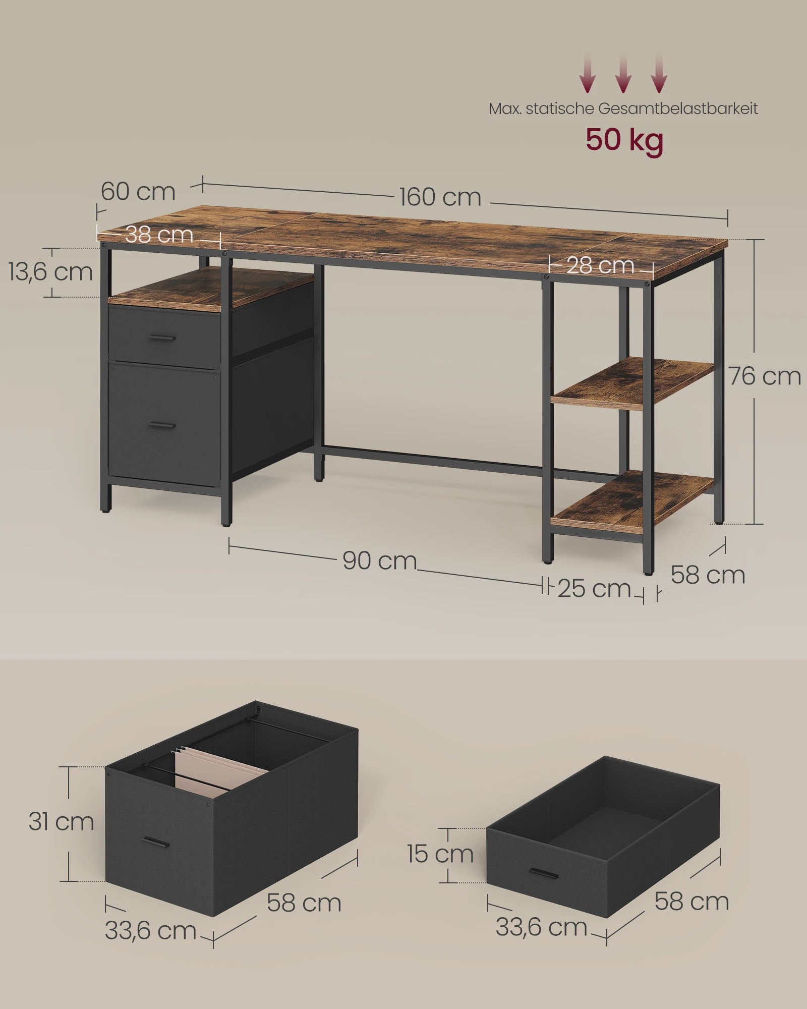 VASAGLE Bureau met 3 Planken en 2 Lades - 160x60x76 cm - Industrieel Design