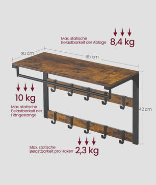 VASAGLE Wandkapstok met Plank en 10 Verstelbare Haken - Industrieel Design