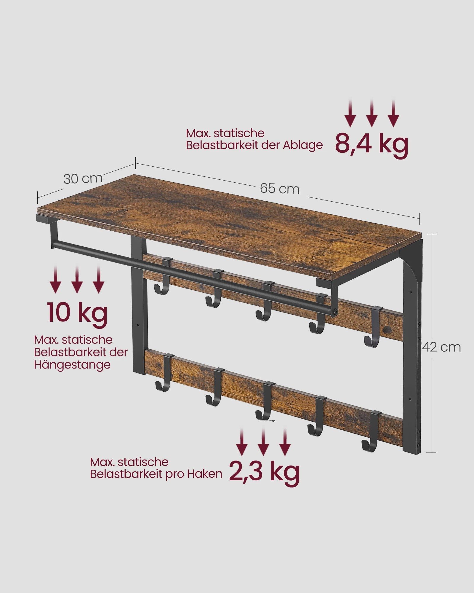 VASAGLE Wandkapstok met Plank en 10 Verstelbare Haken - Industrieel Design