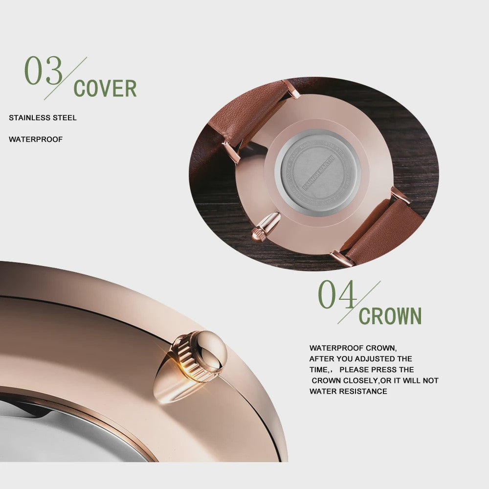 Hannah Martin Herenhorloge - Japan Quartz, Waterdicht, Bruin Leer & Zilverkleurig