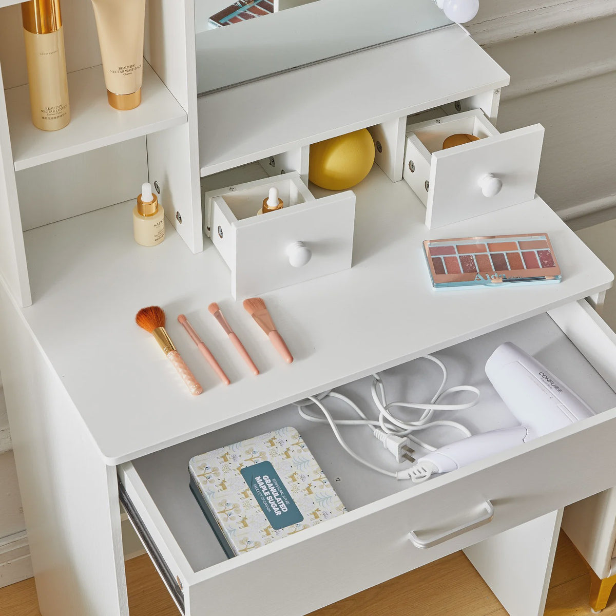 Witte Kaptafel met LED Verlichting & Spiegel - Compact Make-up Tafelmeubel voor Kleine Ruimtes