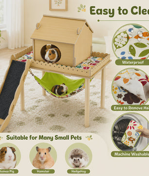 3-in-1 Houten Huisje met Hangmat en Trap voor Cavia's en Kleine Huisdieren