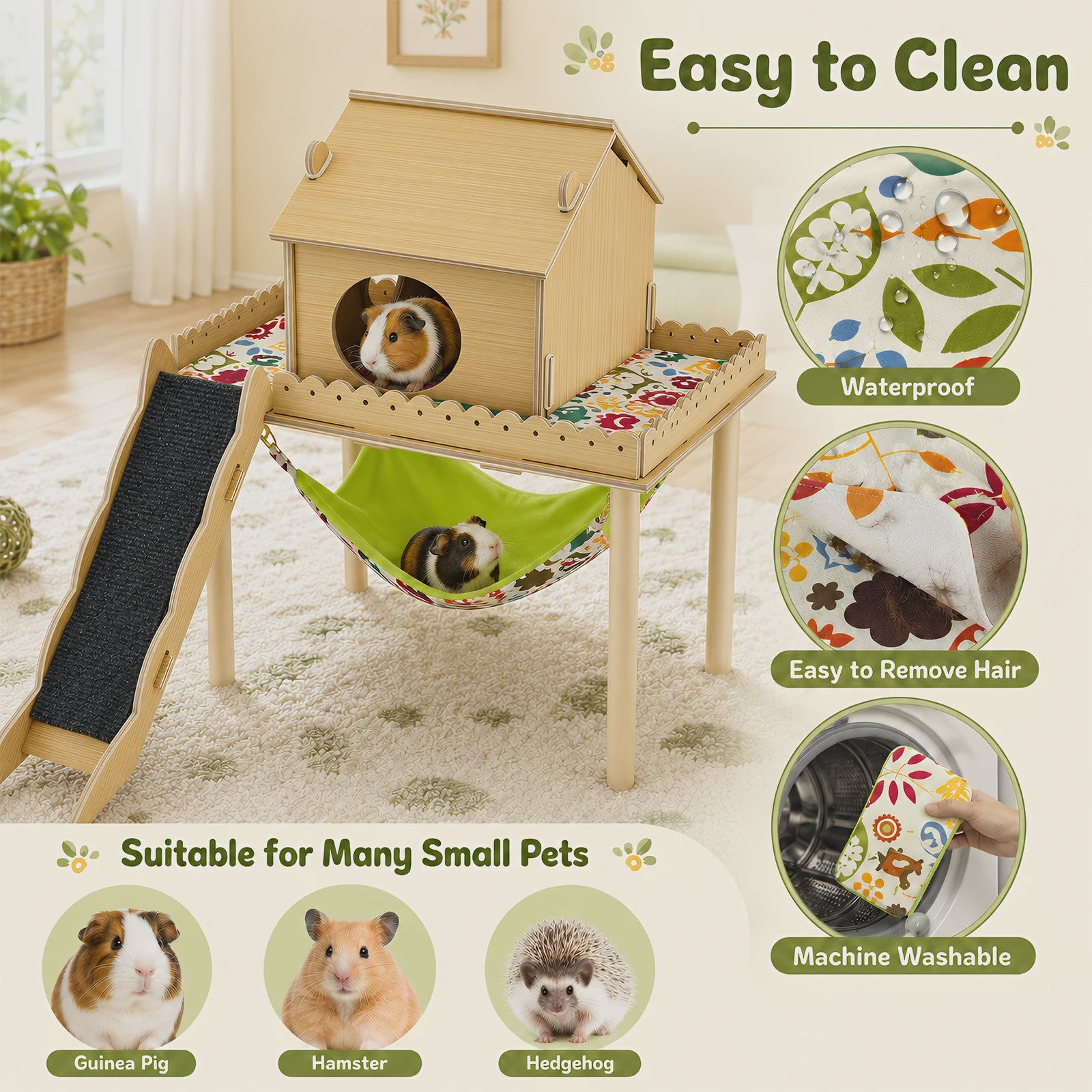 3-in-1 Houten Huisje met Hangmat en Trap voor Cavia's en Kleine Huisdieren