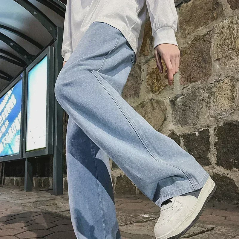Streetwear Jeans Heren: Loose Fit, Wide Leg, Koreaanse Stijl - Zwart & Lichtblauw