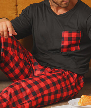 Heren Pyjama Set: Comfortabele Lange Mouwen & Ruitjes Broek voor Herfst/Winter