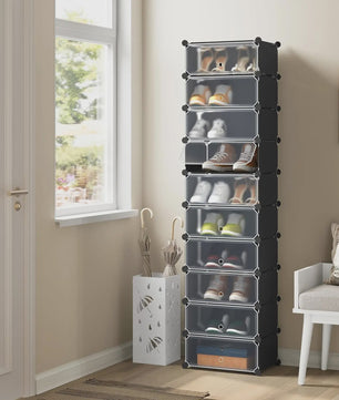 Modulaire Schoenenkast met 10 Vakken - Wit/Zwart - 47x35x170cm - Opbergkast voor Hal, Slaapkamer of Woonkamer