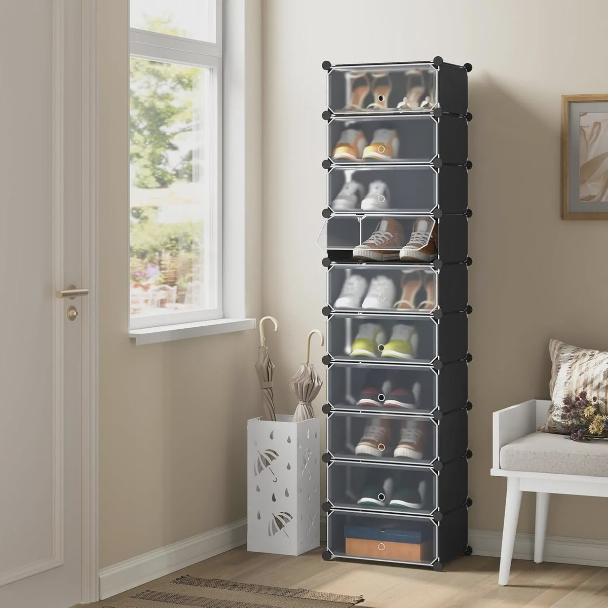 Modulaire Schoenenkast met 10 Vakken - Wit/Zwart - 47x35x170cm - Opbergkast voor Hal, Slaapkamer of Woonkamer