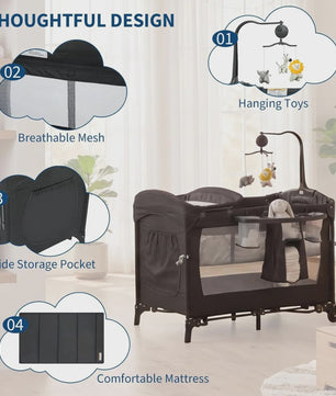 4-in-1 Babybed, Reiswieg, Speelbox & Campingbed met Aankleedkussen