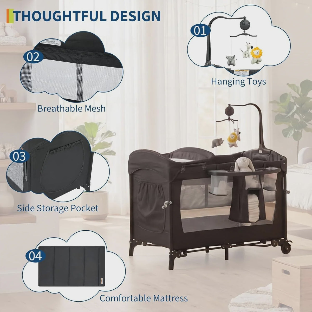 4-in-1 Babybed, Reiswieg, Speelbox & Campingbed met Aankleedkussen
