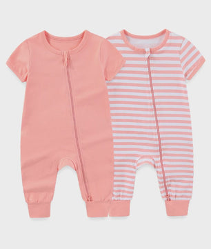 Zachte Katoenen Romper voor Baby Jongen en Meisje - Unisex Korte Mouw met Ritssluiting (2 Stuks)