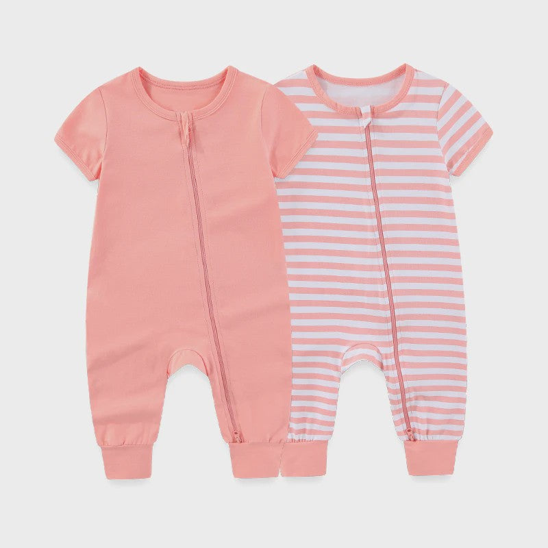 Zachte Katoenen Romper voor Baby Jongen en Meisje - Unisex Korte Mouw met Ritssluiting (2 Stuks)