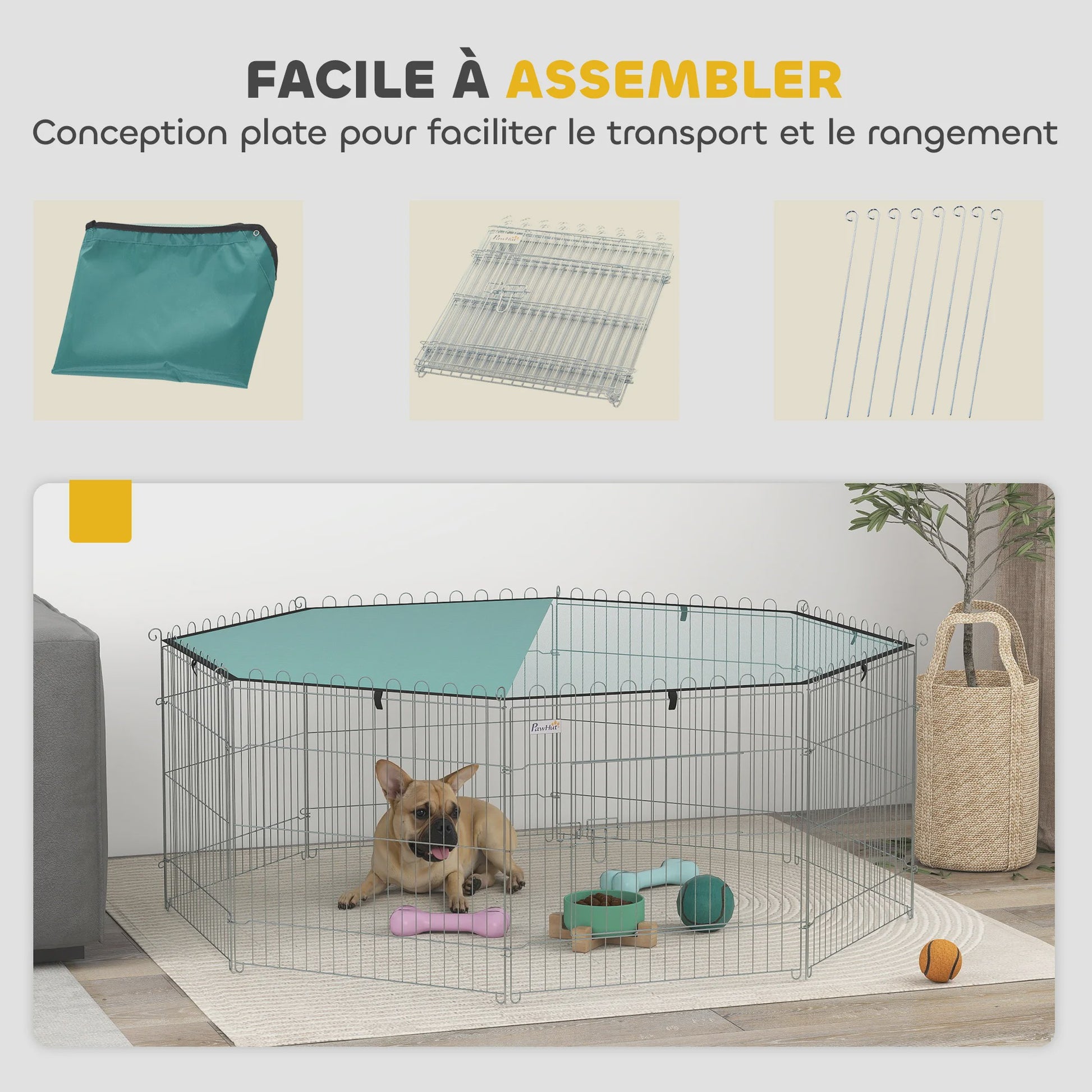 PawHut Hondenren 8-Panel met Dak - Verstelbaar, Opvouwbaar & Draagbaar - 60cm Hoog